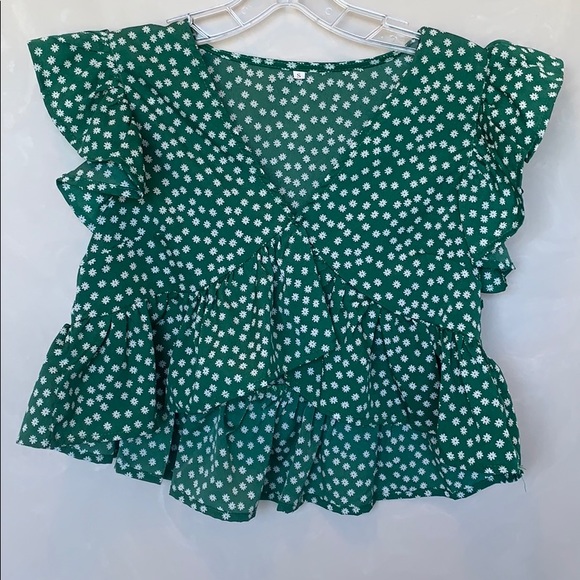 Floral V Neck Peplum Crop Top Green Size Small - Picture 2 of 11